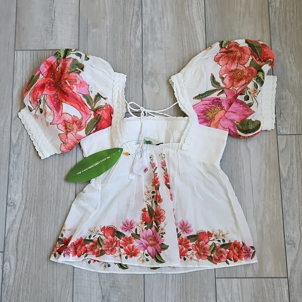 FARM Rio White Peasant Blouse with Pink & Red Floral Embroidery